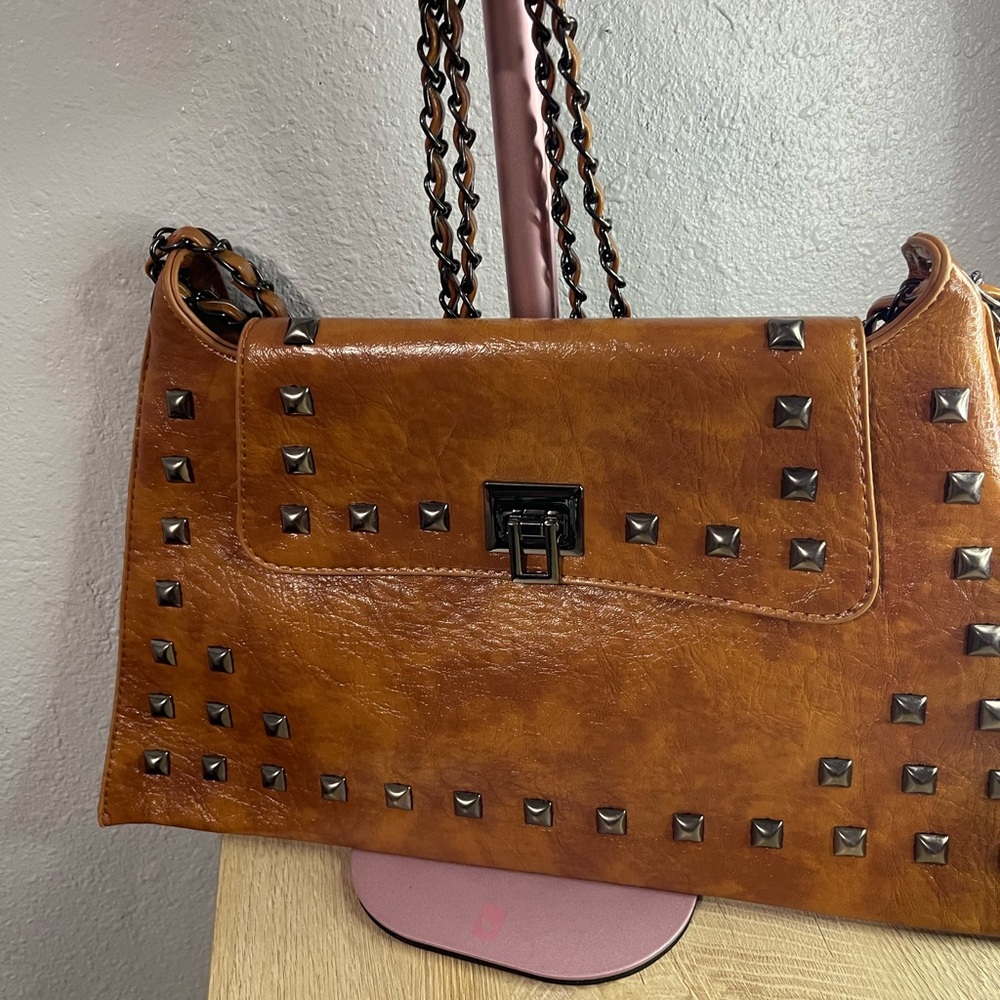 Studded Tan Leather Shoulder Bag - Picture 11 of 12